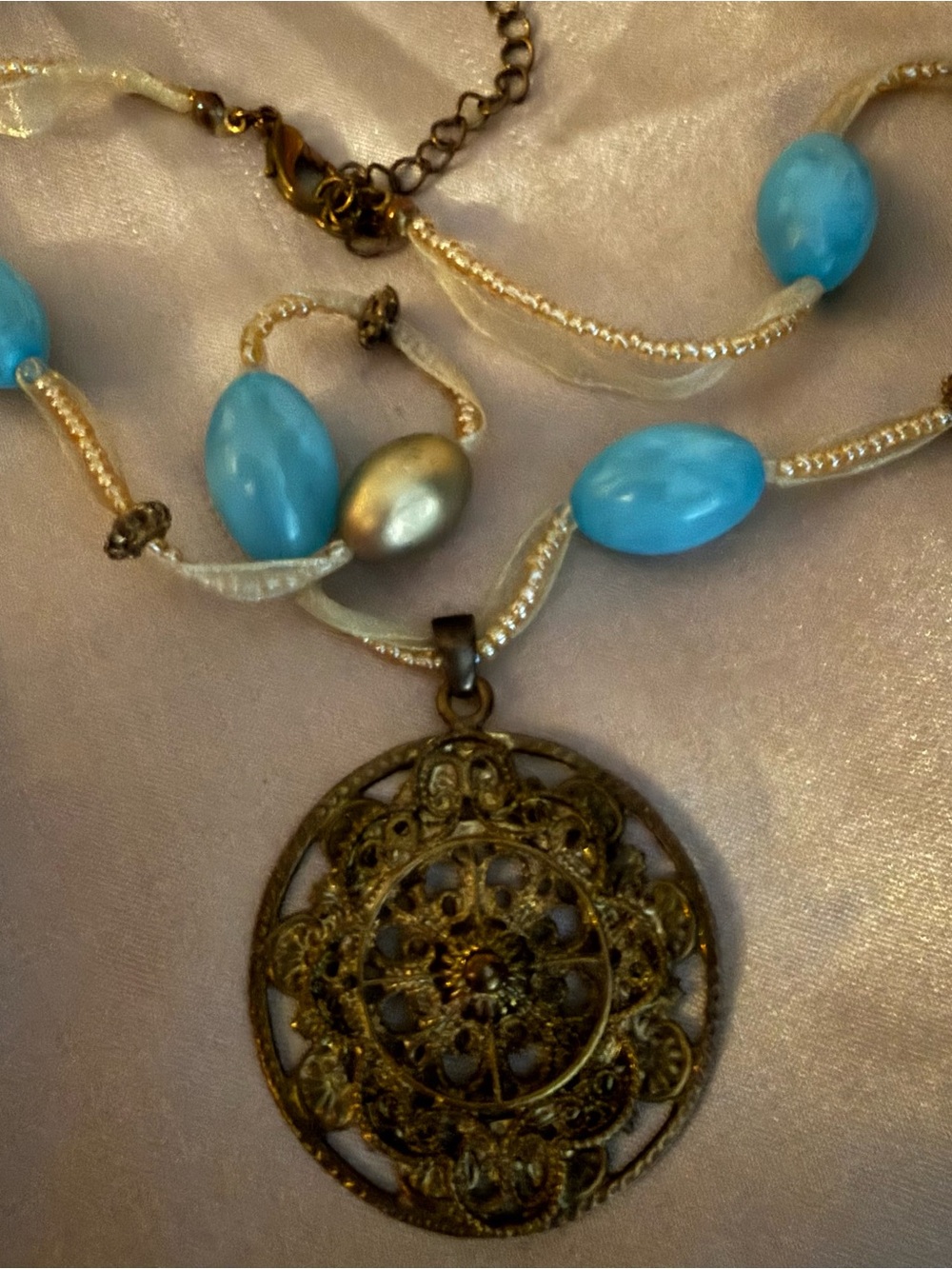 Blue Boho Bead Filigree Pendant Necklace - Women Jewelry